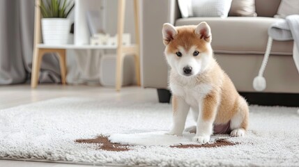 a cute Akita Inu puppy seated on a carpet adorned with unsightly dirty stains, within the cozy confines of a home.