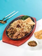 Indonesian chicken soup with noodles, turmeric and ginger (Soto Ayam). Indonesian beef noodles soup (Mie kocok). Seafood Fried Noodles (Mie Goreng - Malay style stir-fried noodles with spicy seafood.