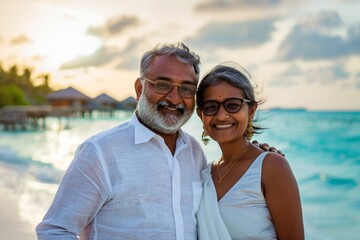 Obraz premium Portrait of a merry indian couple in their 40s showing off a lightweight base layer in front of beautiful lagoon background