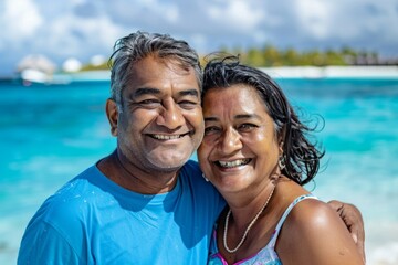 Fototapeta premium Portrait of a merry indian couple in their 40s showing off a lightweight base layer isolated in beautiful lagoon background