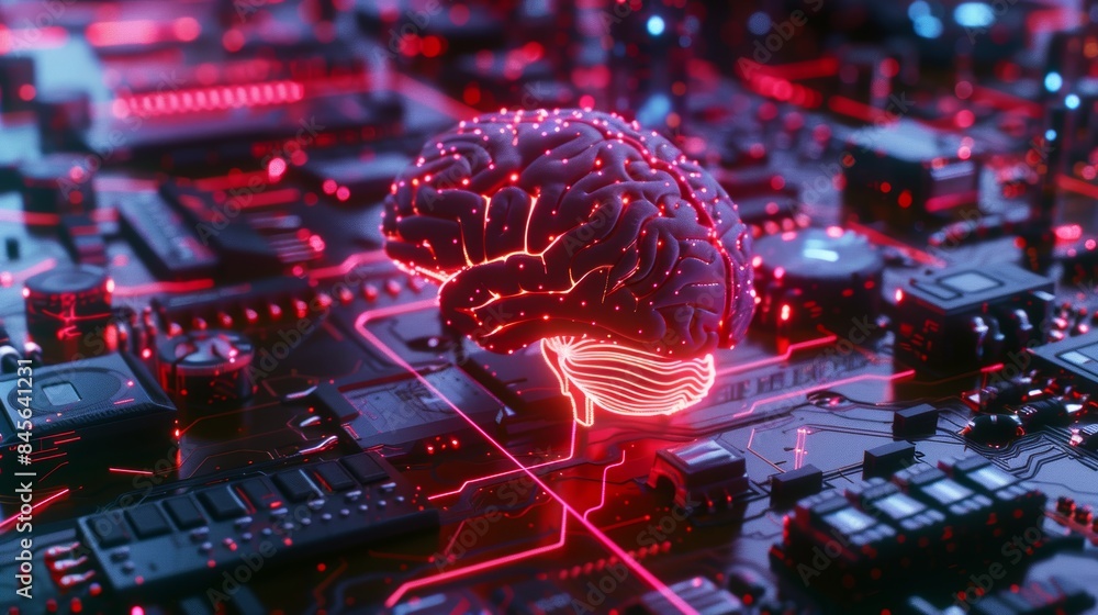 Poster future brain, technology, or neon circuit board in big data, engineering, cybersecurity, or programm