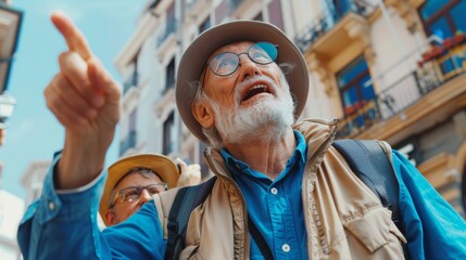 Binoculars, city, and guys pointing outdoors for vacation or tourist excursion. Happy friends, tourist, and sightseeing search sky, lens, or voyage direction of holiday experience.