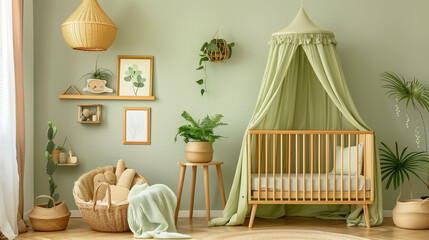 Children's nursery with a natural, earthy theme, green tones, A wooden crib draped with a canopy of light green fabric, wicker baskets