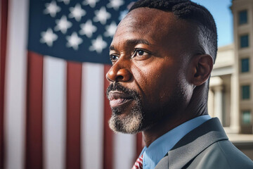 Portrait of an adult black man on the background of the USA flag, Patriotism concept