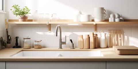 Fototapeta premium Minimalist kitchen with sustainable dishwashing tools indoor decor architecture view background