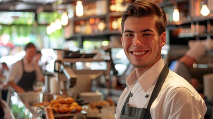 Fototapeta premium Portrait of a young male waiter smiling happily while standing after serving an order in a crowded restaurant.