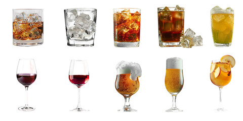 A collection of various alcoholic beverages and bottles with different 10 types, Beer, Whiskey, wine, on transparent background, clipping path