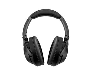 Black wireless headphones isolated on white background.
