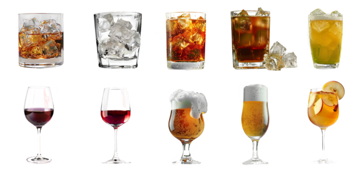 A collection of various alcoholic beverages and bottles with different 10 types, Beer, Whiskey, wine, on transparent background, clipping path
