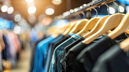 Fototapeta premium hangers adorned with women's clothing, while the background is blurred, drawing attention to a wooden sweater and t-shirt hanging elegantly on the rack.