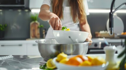 A woman in white apron mixing ingredients into bowl on counter, AI