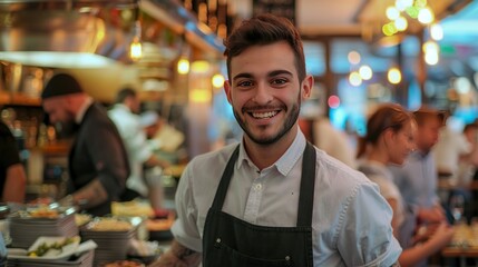 Portrait of a young male waiter smiling happily while standing after serving an order in a crowded restaurant.