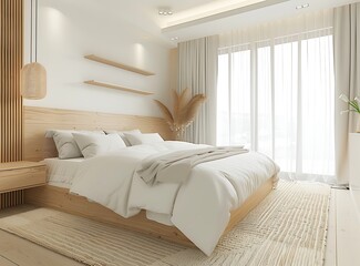 Scandinavian style bedroom interior with a white bed, wooden furniture and a carpet on the floor