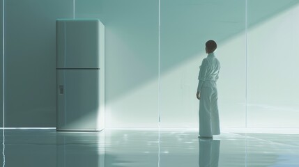 A woman standing in a room with white walls and floor, AI