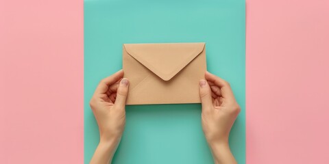 Fototapeta premium A pair of hands holding a brown envelope against a soft pink blue background, emphasizing minimalism and modern design, ideal for themes of communication, correspondence, and personal touch.