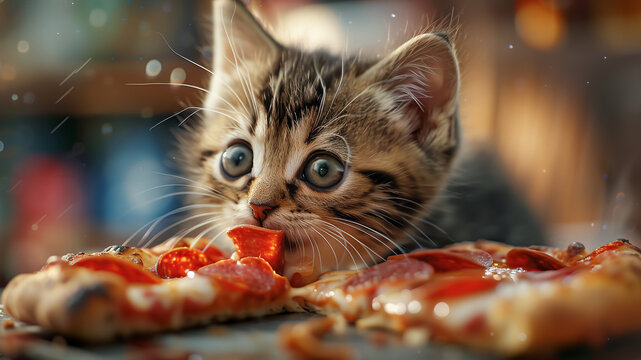 A cute kitten eating pizza. A kitten stealing pepperoni or salami from pizza. Funny animals concept.