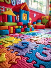 Colorful foam puzzle and building blocks in a children's playroom.
