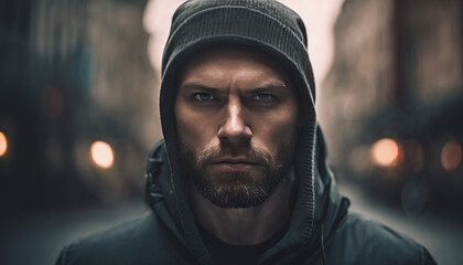 Fototapeta premium Intense Portrait of a Man in a Hoodie with Urban Background. Generative AI