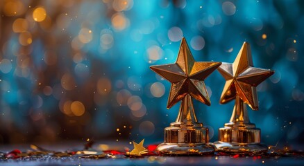 Two Gold Star Trophies on Blue Background With Red Confetti