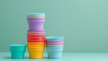 Stack of colorful plastic containers against a green background.