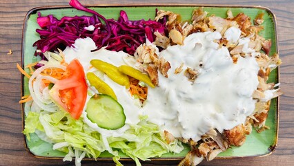 kebab plate with salad and sauce
