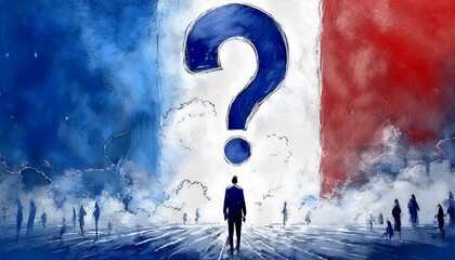 Wybory we Francji. Znak zapytania i sylwetki ludzi na tle flagi Francji. 