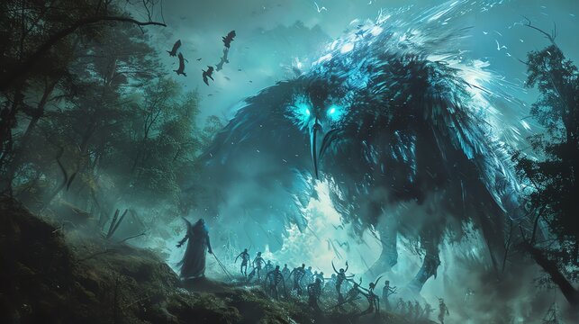 Massive demon bird with jagged feathers, glowing in eerie blue, commanding an army of skeletal minions, dark forest background