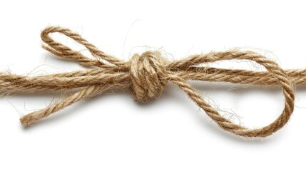 a twine bow atop a white background, seen from a top-down perspective, offering an ideal web banner with ample empty space in the right corner for customizable text.