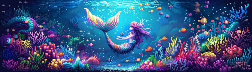 Fototapeta premium Pixelated mermaid, vibrant underwater kingdom, coral reefs and fish