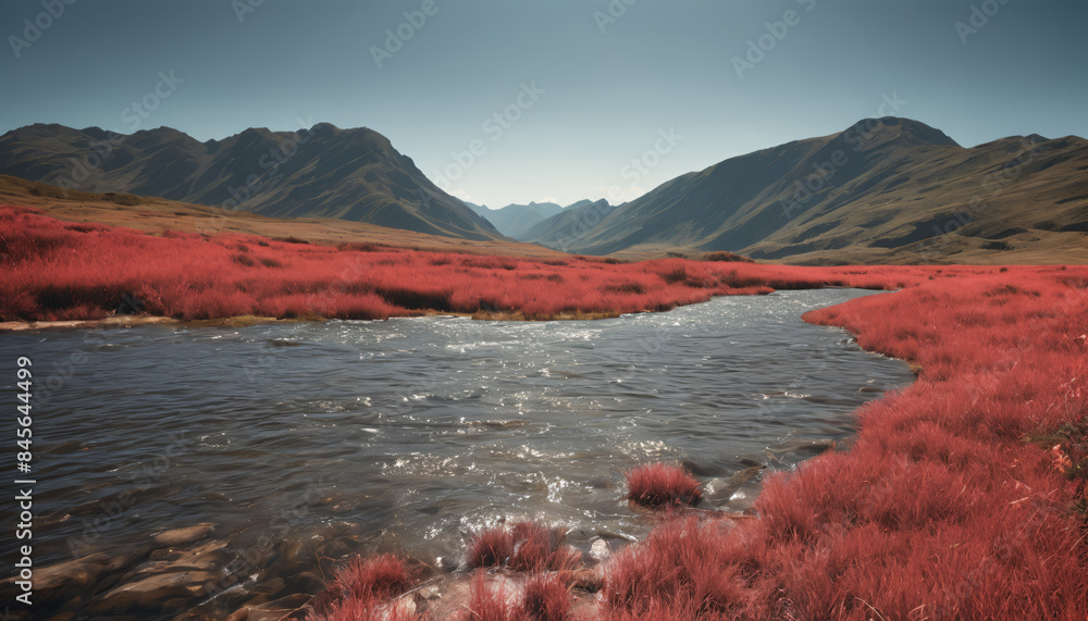 Wall mural surreal red grass river valley with majestic mountain backdrop. generative ai