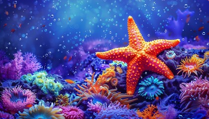 Starfish resting on a coral bed, sea anemones swaying nearby, deep blue sea background, vibrant and detailed illustration