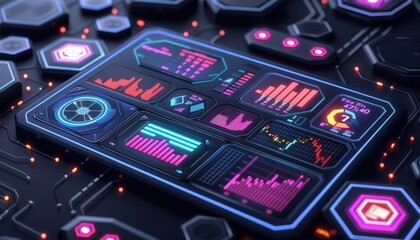 Fototapeta premium Graphic of 3D model of a futuristic financial dashboard, featuring neon data charts and glowing hexagon elements