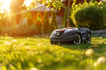 robot lawnmower stands on the lawn against the background of the house