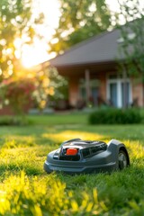 robot lawnmower stands on the lawn against the background of the house