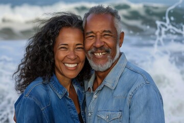 Portrait of a joyful mixed race couple in their 60s sporting a versatile denim shirt isolated in crashing waves background