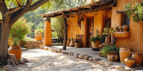 Rustic adobe house with traditional pottery and a wooden bench, showcasing the charm and simplicity of Southwestern architecture and design.