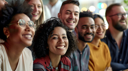Obraz premium Diverse and inclusive group of office colleagues smiling at a team building workshop event, workplace race inclusion and diversity concept