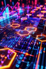 Fototapeta premium Graphic of Abstract art of a datadriven business meeting, using neon colors and glowing hexagons to illustrate technological advancements