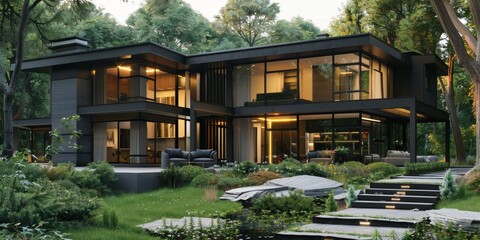 Fototapeta premium Home, property, and isolated real estate for retirement, investing, and family. Modern and architectural homes, treed buildings, mortgages, and holiday development.