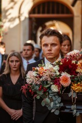 Funeral, church, coffin bearers, relatives, and mourners in deep sadness. Service, casket, and burial with sad people taking corpse out chapel door