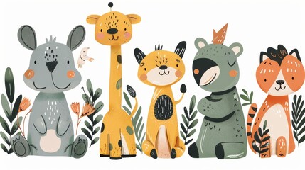Naklejka premium Playful and cute whimsical animals, hand-drawn by flat colors, six distinct animals, isolated on white, no collisions, full frame