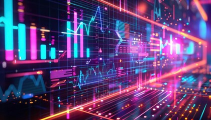 Fototapeta premium Graphic of Illustration of futuristic data management, showcasing neon graphs and charts on a hitech abstract background