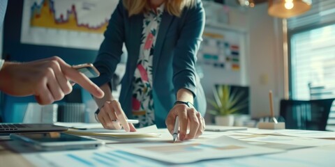 Business ladies, hands, coffee, document conversation, report reading or analysis at work. Partnership, coaching, and desk paperwork for financial agency proposal, compliance, or research