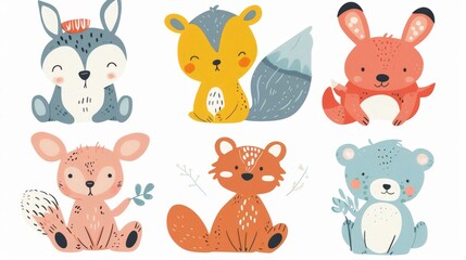 Six whimsical animals, hand-drawn in flat colors, cute and playful poses, white background, no edges or overlap, full frame
