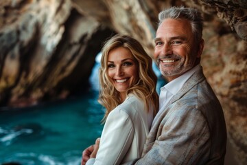 Obraz premium Portrait of a grinning caucasian couple in their 40s dressed in a stylish blazer in front of spectacular sea cave background