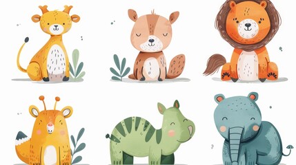 Fototapeta premium Six whimsical animals, hand-drawn in flat colors, cute and playful poses, white background, no edges or overlap, full frame