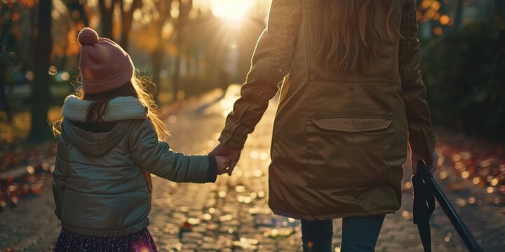 Back view of mother holding daughter's hand in park. Multiracial single parent playing outside with child. Little Hispanic girl trusting and bonding with her single mother on weekend