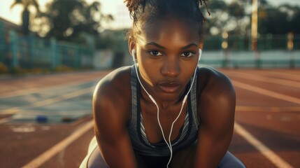 Tired or nature fitness break black woman with music earphones for workout, training, or encouragement. Sports runner listening to radio podcast on hilly road is fatigued.
