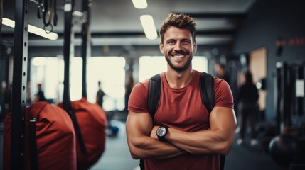 A confident young Hispanic man stays motivated in a gym by listening to music with earphones. A happy fit mixed-race guy listening to his favorite songs in a gym before exercising.
