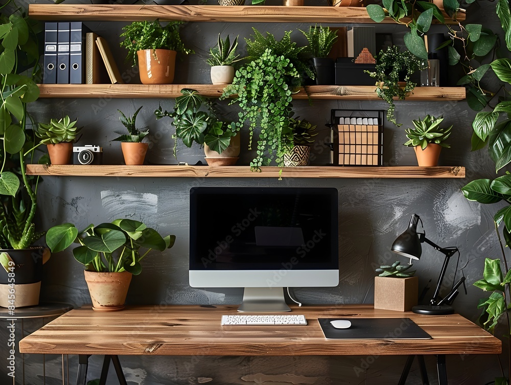 Poster organized and productive professional workspace with desktop computer and greenery